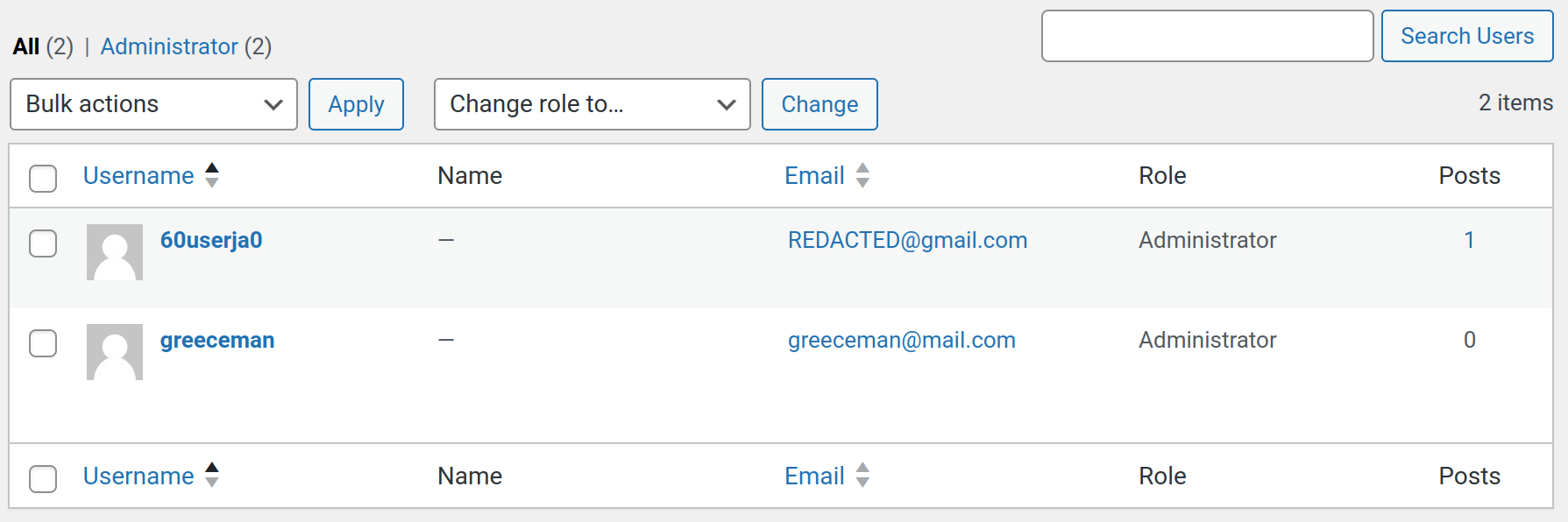 Skärmdump på WordPress där den nya användaren visas.